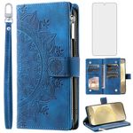 Phone Case for Samsung Galaxy S24 5G Wallet Cover with Tempered Glass Screen Protector and Wrist Strap Mandala Flower Flip Zipper Credit Card Holder Slot Cell S 24 24S GS24 G5 Women Men Blue