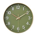 HZDHCLH Wall Clock 12 Inch Silent Non Ticking Clock for Living Room Bedroom Kitchen Office (Golden green)