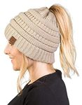 Funky Junque Messy Bun Womens Winter Knit Hat Beanie Tail - Beige