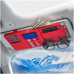 Car Sun Visor Organizer, Leather Storage Pocket Sun Visor Pouch with Zipper for Cards License Registration Pen Glasses Document, Fits Most Car SUV, Auto Interior Accessories for Men Women (Red)