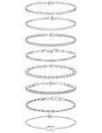 Milacolato 8Pcs Chain Bracelets Set for Women Adjustable Silver, Stainless Steel Figaro Curb Twist Herringbone Bead Marina Chain Cubic Zirconia Tennis Bracelet Ankle Jewellery, 16+5cm