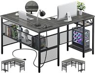 Unikito L Shaped Computer Desk with USB Charging Port and Power Outlet, Reversible L-Shaped Corner Desk with Storage Shelves, Industrial 2 Person Long Gaming Table Modern Home Office Desk, Black Oak