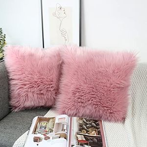 OYIMUA Fundas de almohada decorativas esponjosas de 24x24 pulgadas, fundas de almohada de lujo de piel sintética, fundas de cojín de felpa suave rosa rubor para sofá, dormitorio, juego de 2