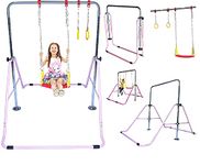 Gymnastics Training Bar for Kids Home Folding Kip Bar 4 in 1 Set with Swing Seat, 2 Trapeze Rings | Expandable Horizontal Bar | Junior Gymnastic Equipment Adjustable Monkey Bars Jungle Gym Playground