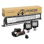 SKYWORLD Curved LED Light Bar, 22 Inch 270W Work Driving Fog Lamp, 2 x 4 Inch 60W OffRoad Spot Lights + 12V 2 Lead Wiring Harness Cable Kit for Auto Truck Tractors SUV 4x4 Vehicles