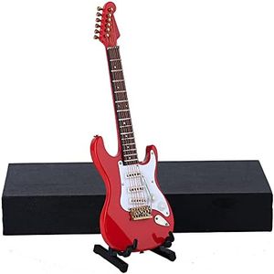 Dselvgvu Wooden Miniature Electric Guitar with Stand and Case Mini Musical Instrument Miniature Dollhouse Model Birthday Present (Electric Guitar:Red, 7.09"x2.27"x0.54")