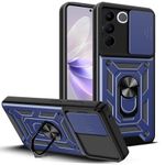 KrKis Back Case for Vivo V27 Pro with Slide Camera Cover | Heavy Duty Military Grade 360° Protection | Build-in Ring Kickstand Shockproof Mobile Phone Bumper Case (Blue)