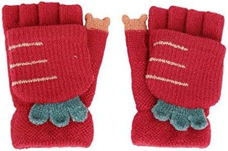 Kids Toddler Magic Wool Knit Convertible Flip Top Gloves with Mitten Cover Winter Warm Half Finger Texting Mittens Fingerless Snow Ski Thermal Gloves Hand Warmer Girls Boys Age 4-9Y