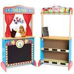 Deluxe Wooden Puppet Theater with Curtains, Blackboard and Clock, Double-Sided Play Store 3-8Y & Kid Puppet Show Theater with 2 Hand Puppets and 4 Finger Puppets for Toddlers 1-3