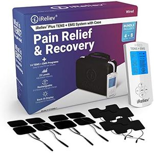 FDA Cleared iReliev TENS Unit + EMS 14 Therapy Modes, Premium Pain Relief and Recovery System, Rechargeable, Large Back Lit Display, 12 Electrodes & Case