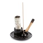 BSTKEY Ceramic Incense Burner Holder Sage Holder, 4 in 1 Dark Brown Palo Santo Burner Holder Decorative Candle Holder Incense Stick Holder Burner with Ash Catcher Tray