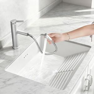 Undermount Bathroom Sink with Washboard, 21.9 x 18.1 Inch White Porcelain Ceramic Vessel Sink with Overflow, Pull-Out Faucet & Drain Kit, Under Counter Lavatory Vanity Sinks for Bathroom, Laundry Room