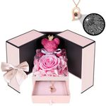 Leayiuvan Preserved Flowers Moss Bear Double Doors Box Necklace - Eternal Rose Gift for Wife Daughter Girlfriend Valentines Day Mothers Day Anniversary Day Birthday Christmas (Pink)