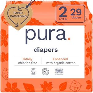 Pura Size 2 Eco-Friendly Diapers (7-13 lbs) TCF, Hypoallergenic, Soft Organic Cotton Comfort, Sustainable, Wetness Indictor. Allergy UK, Paper Packaging. 1 Pack of 29