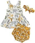 BULINGNA 3Pcs Baby Girl Summer Outfit Animal Print Sleeveless Ruffle Tank Tops High Waist Shorts Headband Clothing Set, Yellow, 12-18 Months