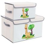 DIMJ 2 Pack Toy Boxes with Lid, Large Kids Storage Box Cartoon Fabric Toy Organiser Foldable Bins with Handles for Kids, Clothes, Toys, Books, Nursery, Home (Beige 2)