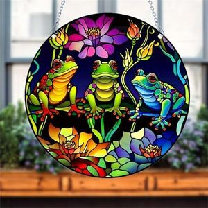 WOHAHA Three Frogs Stained Acrylic Window Hanging Panels Indoor Outdoor Round Windows Hanger Kitchen Bedroom Garden Wall Art Decor Gifts for Women Mom Grandma Teacher