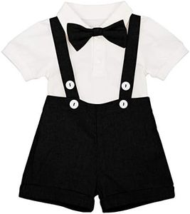 IMEKIS Baby Boys Formal Suit Gentleman Bowtie Romper Suspenders Shorts Wedding Tuxedo Outfit Cake Smash Christening Clothes - Black - 18-24 Months