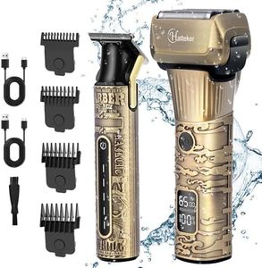 Hatteker Foil Shaver Electric Razor Men's Shaver T-Blade Trimmer Beard Trimmer Beard Clipper Hair Clipper LED Display Waterproof Wet/Dry Shaver Kit 2 in 1, Bronze, 607us