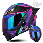 Lightweight Full Face Motorcycle Street Bike Helmet, Dual Visor Flip Up Front Modular Helmets DOT/ECE Approved for Unisex Adults Men Women Motorbike Moped Racing, Extra Clear Visor,Purple b,L