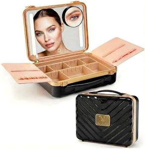 NJ GLAM Lighted Makeup Case with Mirror - Portable Travel Makeup Organizer with light up Mirror, 3 Light Settings, Rechargeable Makeup Bag with Mirror and Lights - Mini 10x magnifying Mirror included
