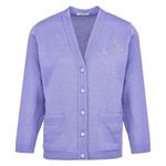 New Senior Ladies Classic Cardigan Embroidery Long Sleeve Pockets Elderly Women (M, Lilac Embroidery)