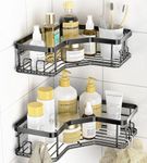 Gudroom Set of 2 Adhesive Mild Steel Shampoo Bottle Organizer Rack with Adhesive,Corner Shampoo Holder Corner Rack with 8 Hooks, Bathrooom Shelves Storage Bathroom Organizers and Storage, Black