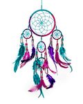 Pink Pineapple Small Handmade Bohemian Dream Catcher Ethical Hanging Dreamcatcher Wall Art with Aqua Blue, Pink and Purple Feathers and Silver Beads with Traditional Crochet Design (12 x 35 cm)