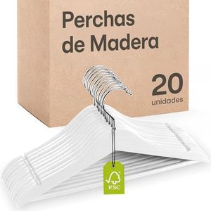 Praknu Perchas Blancas - Perchas de Madera FSC® - Gancho Giratorio 360 - Perchas Ropa con Barra para Pantalones - Perchas Madera Blanca