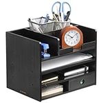 Navaris Bamboo Desk Organizer - Desktop Table Storage Drawers and Compartments for Organizing Stationery, Documents, Files, Office Accessories - Black