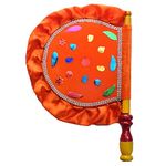 DIGSMORDEN Velvet Cloth Hand Made Beautiful & Traditional Orange Color Hand Fan with Wooden Handle for Cool Air Home Decor & Travel use