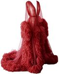 KURFACE Tulle Robe Dress for Women Long Puffy Sleeves Lingerie Dressing Gown Robes for Maternity Photoshoot Burgundy UK12