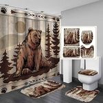 Camille&Andrew 4PCS Bear Shower Curtain Set, Pine Tree Forest Woodland Animal Wildlife Hunting Lodge Country Rustic Farmhouse Cabin Bathroom Decor, Waterproof Fabric Shower Curtain, Non-Slip Bath Mat