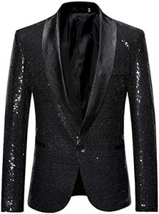 Gefomuofe Blazer de lentejuelas para hombre, moderno, corte regular, chaqueta de traje para hombre, para fiestas, bailes, bodas, esmoquin, Negro , L