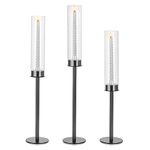 Glasseam Candlestick Holders Set of 3, Black Candle Holders for Long Candles, Modern Candles Holders with Cylinder Hurricane Glass, Candle Stand Taper Candle Holder Metal for Dining Tables Party