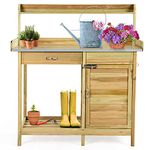 S AFSTAR Outdoor Potting Bench Table, Wooden Garden Work Station with Drawer Cabinet Open Shelf, Metal Tabletop Gardening Workbench