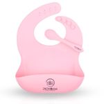 ZoZoBaa Silicone Baby Bib with Easy Grip Spoon For Feeding Toddlers|Waterproof & Reusable Bib with button for Infants |Soft, Light Weight, BPA Free, 1 Set, Pink