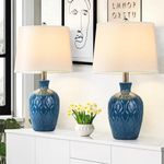 Spclsim Small Retro Ceramic Table Lamps for Bedrooms Set of 2, 21" Teal Blue Living Room End Table Lamps, Modern Farmhouse Bedside Nightstand Lamps Set of 2, Bulbs Included