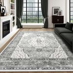 9x12 Area Rug for Living Room Rugs-Deerly Vintage Floral Medallion Boho Oriental Non-Slip Low Pile Machine Washable Area Rug for Bedroom Dining Room Bathroom Office Room(Border Grey 9x12FT)