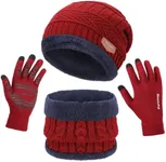 MAYLISACC Winter Knit Beanie Hat Neck Warmer Scarf and Touch Screen Gloves Set 3 Pcs Fleece Lined Skull Cap for Men Women Red