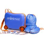 MiniMax 45x36x20cm 29L Kids Ride-On Suitcase 4PCS Set Inc Drawstring Bag, Neck Pillow & 50+ Personalisation Stickers, EasyJet Max Size Childrens Rolling Hand Luggage 6 Year Guarantee (Blue)