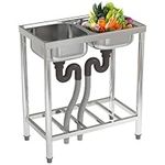 FIDOOVIVIA Stainless Steel Restaurant Kitchen Sink, Commercial Restaurant Sink with Drain & Storage Shelf, Double Bowl Catering Sink with Tap Hole, Free Standing Outdoor Sink 71x39x80cm(No Tap)