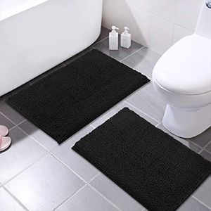 MAYSHINE 2 Pack Large Bathroom Rug Set | Soft Absorbent Chenille Microfiber Bath Mat | Non Slip PVC Backing, Machine Washable Shower Rug | No More Cold or Wet Feet - Fluffy Carpet, 20x32, Black