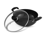 Vinod Black Pearl Hard Anodised Non Stick Deep Kadhai with Glass Lid - 2.6 LTR, 22 cm | Gas Stove Compatible | kadai for Cooking | Metal Spoon Friendly