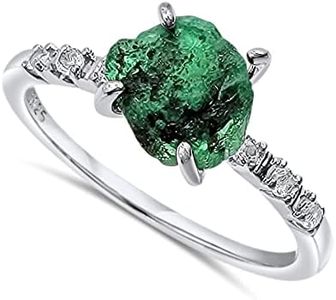 Real Raw Beryl Emerald Dainty Ring white Gold Birthstone gift for sister daughter niece Christmas birthday Uniquelan Jewelry (zambia-emerald, 9)