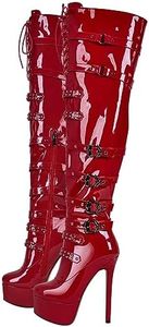 blingqueen Stivali da donna con tacco alto sopra il ginocchio, rosso laccato, 41 EU