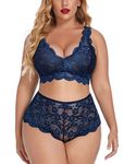 Avidlove Women's Plus Size Lingerie Set High Waist Lace Bra and Panty Set Strap Bralette Babydoll Navy Blue