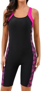 Halcurt Women's Athletic One Piece Swimsuit Knee Length Boyleg Racerback Sport Modest Bathing Suit, Black/Hot Pink Stripe, XX-Large