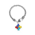 SBI Jewelry Autism Puzzle Charm Bracelet Red Blue Yellow Green Silver Bracelets Women Men Son Husband Family Daughter Granddaughter Mom Jigsaw Love Heart Birthday Anniversary Mothers Day