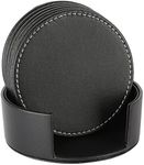 CARLWAY Set of 6 Leather Drink Coasters Round Cup Mat Pad for Home and Kitchen Use Black, 3.94", 10cm,